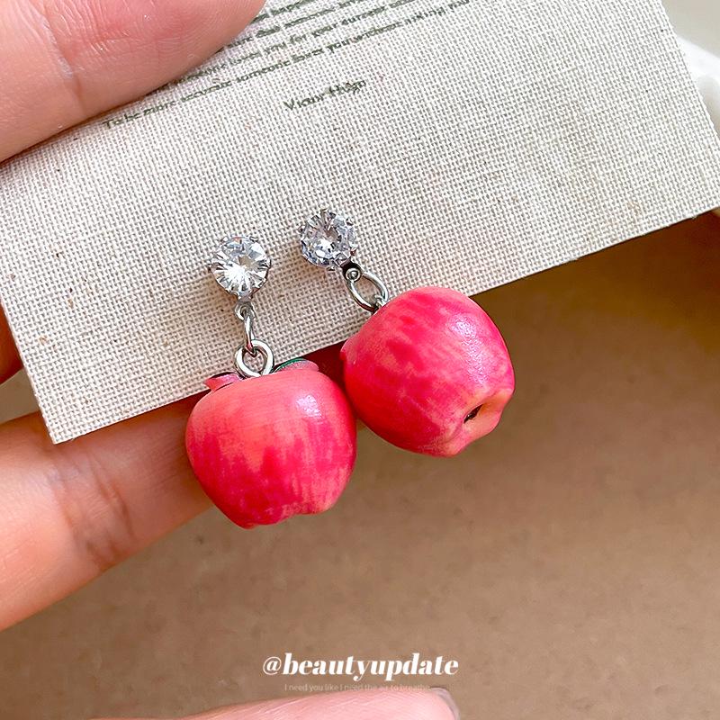 Silver Zircon Resin Apple Pear Earrings - High-End Niche Fashion for Women