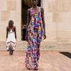 Damen Rundhals Ärmellos Geometrischer Print Maxikleid Lockere Passform Elastische Taille Urlaub Lässig Langes Kleid