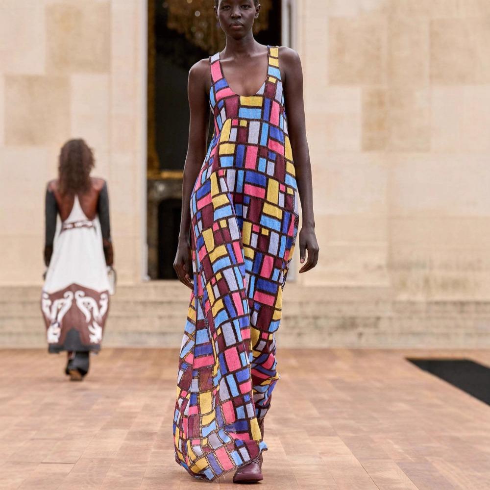Abito Maxi da Donna Girocollo Senza Maniche Stampa Geometrica Vestibilità Larga Vita Elastica Abito Lungo Casual per le Vacanze