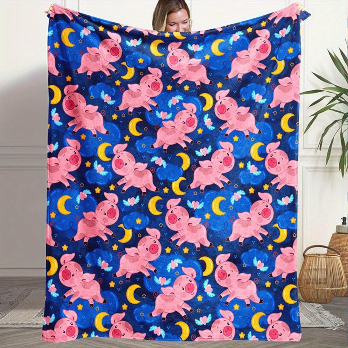 1 Flying Pig Moon Print Flannel Blanket - Warm and cozy, perfect for sofas, offices, beds, camping, and Christmas. 130x150cm