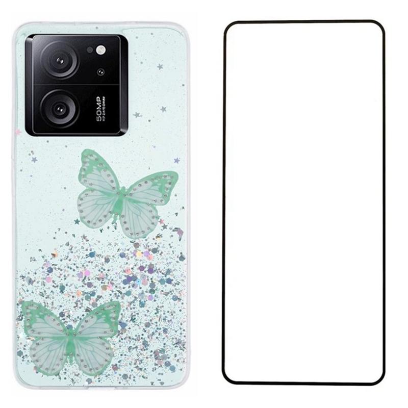 

For Xiaomi 13T/13T Pro/Redmi K60 Ultra Case with Screen Film TPU Phone Cover 3D Butterfly Green