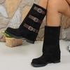Belt Buckle Mid-leg Boots Autumn and Winter New Square Toe Suede Sleeve Block Heel Women's Shoes
