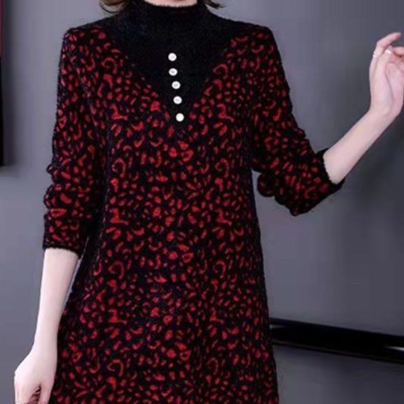 Mink Velvet Mom Thickened Bottoming Autumn Winter New Mid-length Loose Knitted Sweater Dress