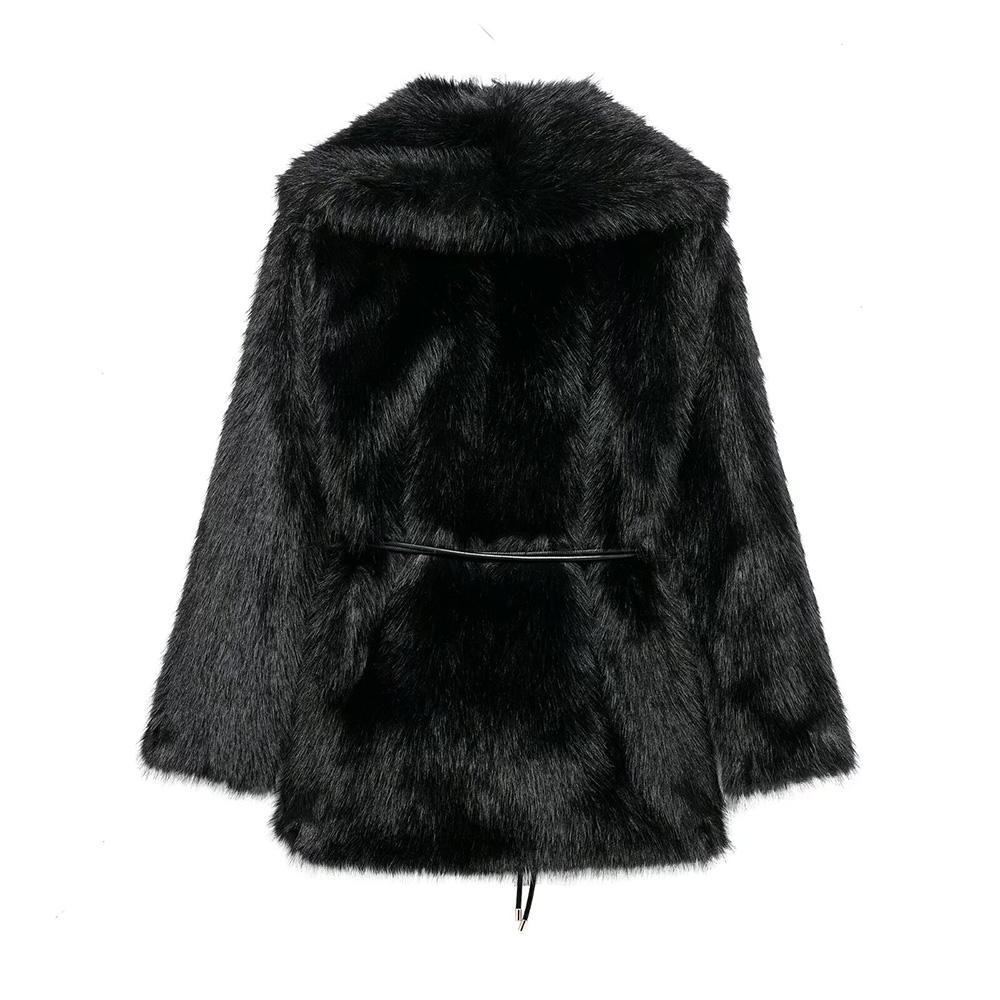 Women's Belt Decoration Collar Solid Color Medium Long Coat Autumn/Winter Long Sleeve Loose Coat
