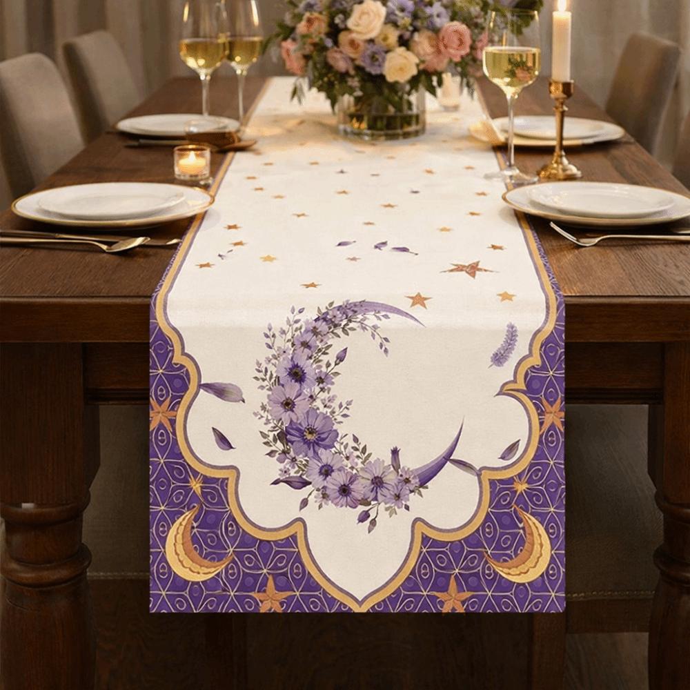 Vintage Moon Star Table Runner Washable Eid Mubarak Table Runner Dinner Table Cloth  Kitchen