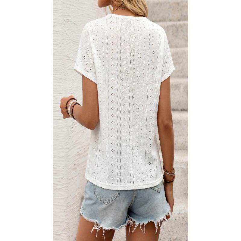 Women Ethnic Vacation Style Jacquard Lace Patchwork V Neck Batwing Short Sleeve Top