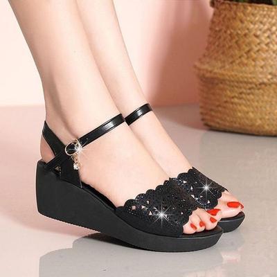 High-heeled Wedge Sandals Summer New Waterproof Table Soft Sole One-word Buckle Non-slip Medium Muffin Sandals