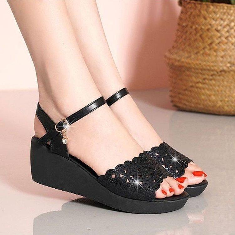 High-heeled wedge sandals summer new waterproof table soft sole one-word buckle non-slip medium muffin sandals