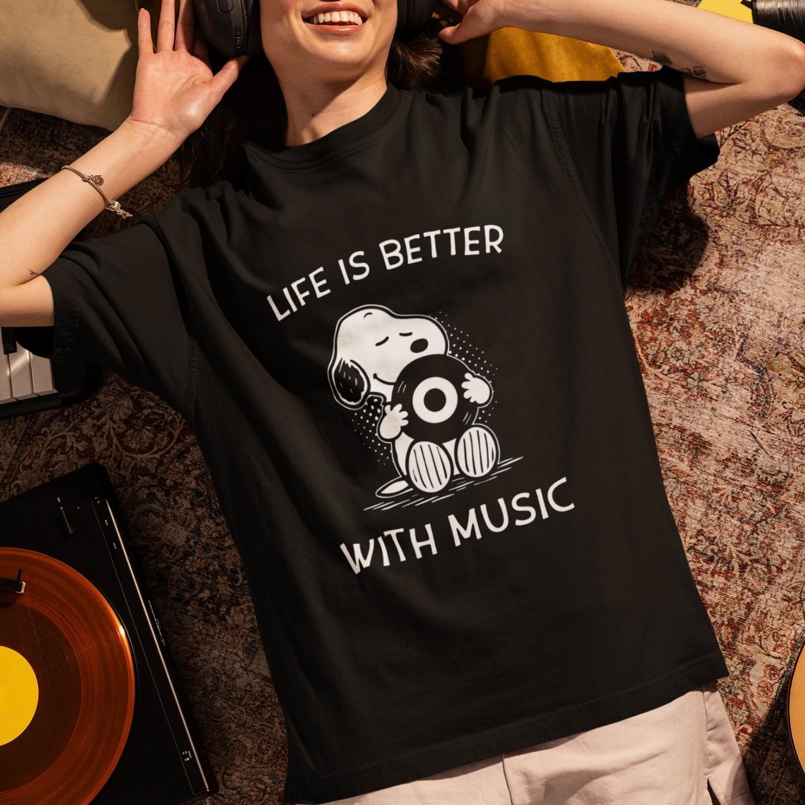 Life Is Better With Music T-Shirt Cute Dog Vinyl Record Graphic Tee Unisex XXXL