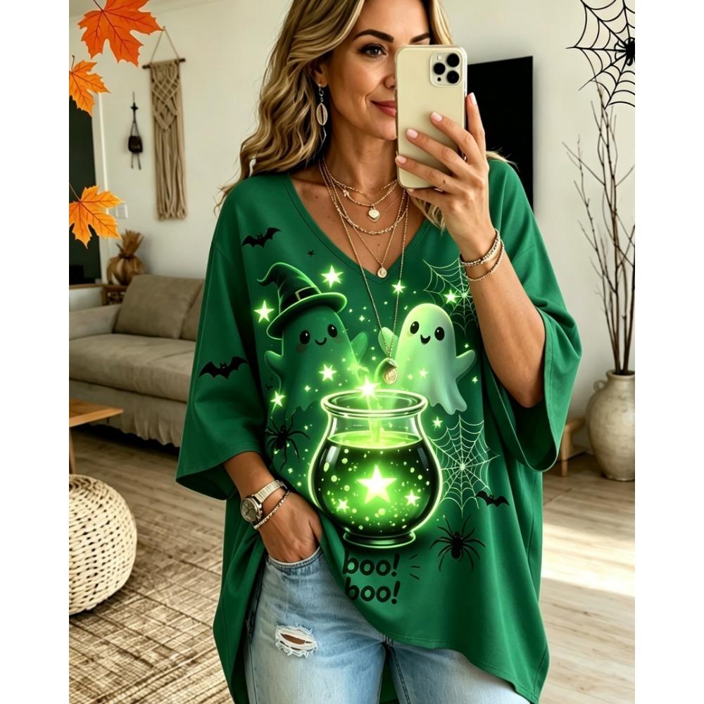 Halloween Printed T-shirt, Pumpkin Lantern Ghost T-shirt, Plus Size Women's V-neck Bat Sleeve Seven Quarter Sleeve Casual Top