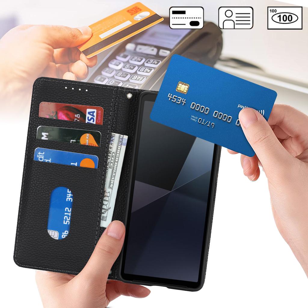 For Sony Xperia 10 VI Case Stand Wallet Litchi Texture Leather Flip Phone Cover with Strap