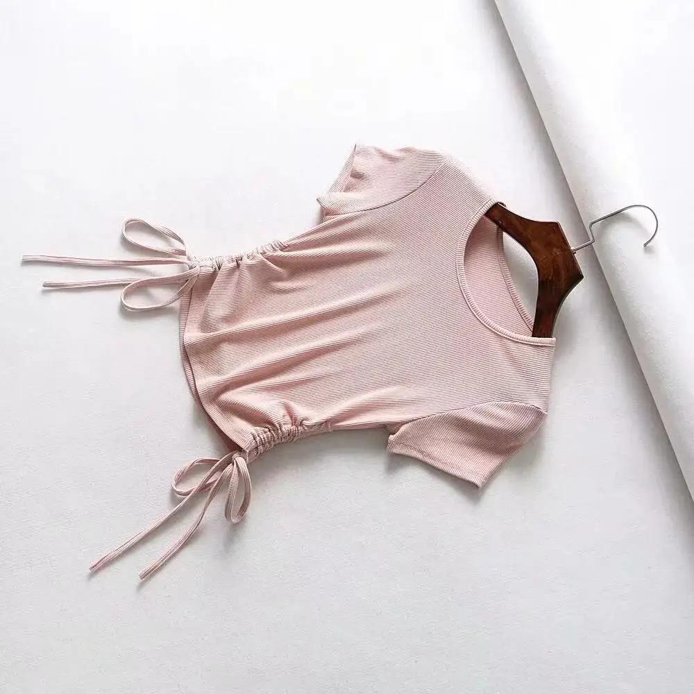 Pure Color Sexy Drawstring Women's Short-sleeved Round Neck Short Slim-fit Hem T-shirt Bottoming Shirt