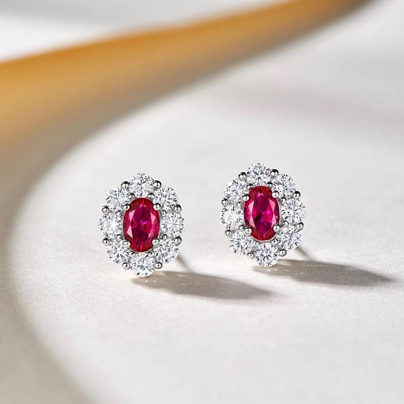 Lulu Tong S925 Silver Red Oval Corundum Stud Earrings - Daily Versatile Fashion Style