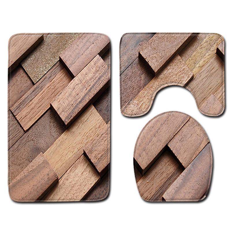 Wood Grain Board Texture Toilet Carpet Set Bathroom Non-Slip Floor Mat Doormat