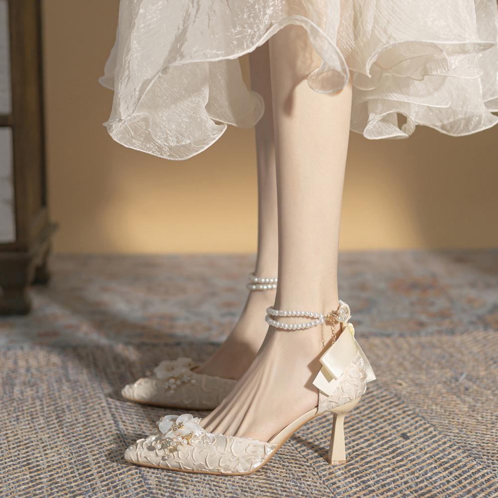 Bow Hollow High Heels Women's Sandals Temperament Pearl Chain Pointed Women's Shoes Women's Versatile Single Shoes Women