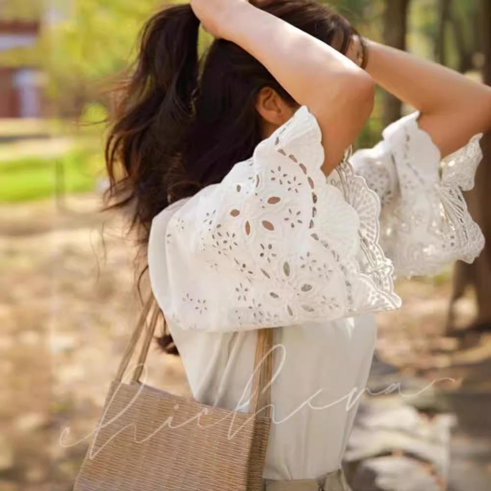 2024 Summer Women's Casual Solid Color Embroidered Cutout Mid-Sleeve T-Shirt