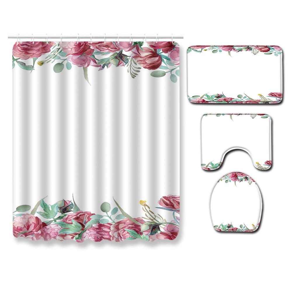 Christmas Bathroom Shower Curtain Four-Piece Floor Mat Toilet Non-Slip Door Mat Bedroom Living Room Absorbent Carpet