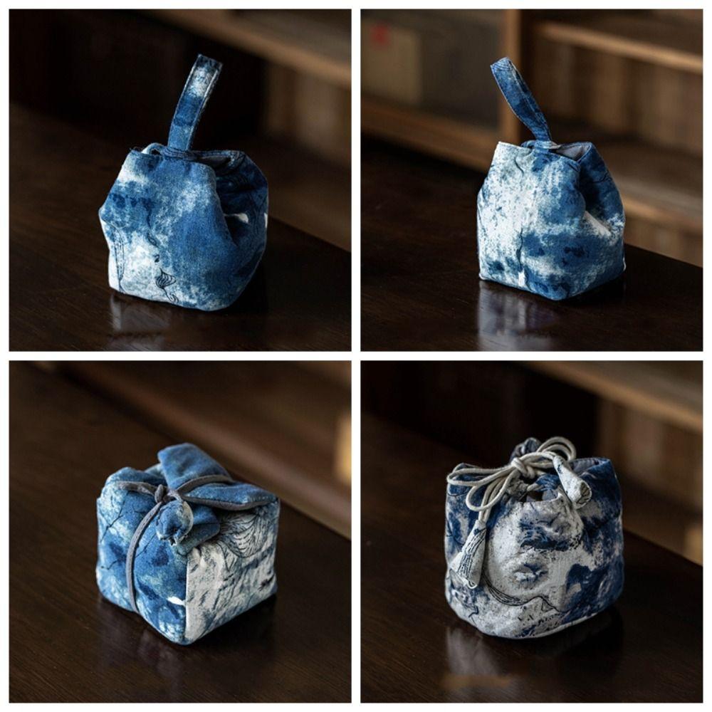 Chinese Style Tea Tools Storage Bag Cotton Drawstring Bundle Pocket Ink Rendering Handbag  Festival