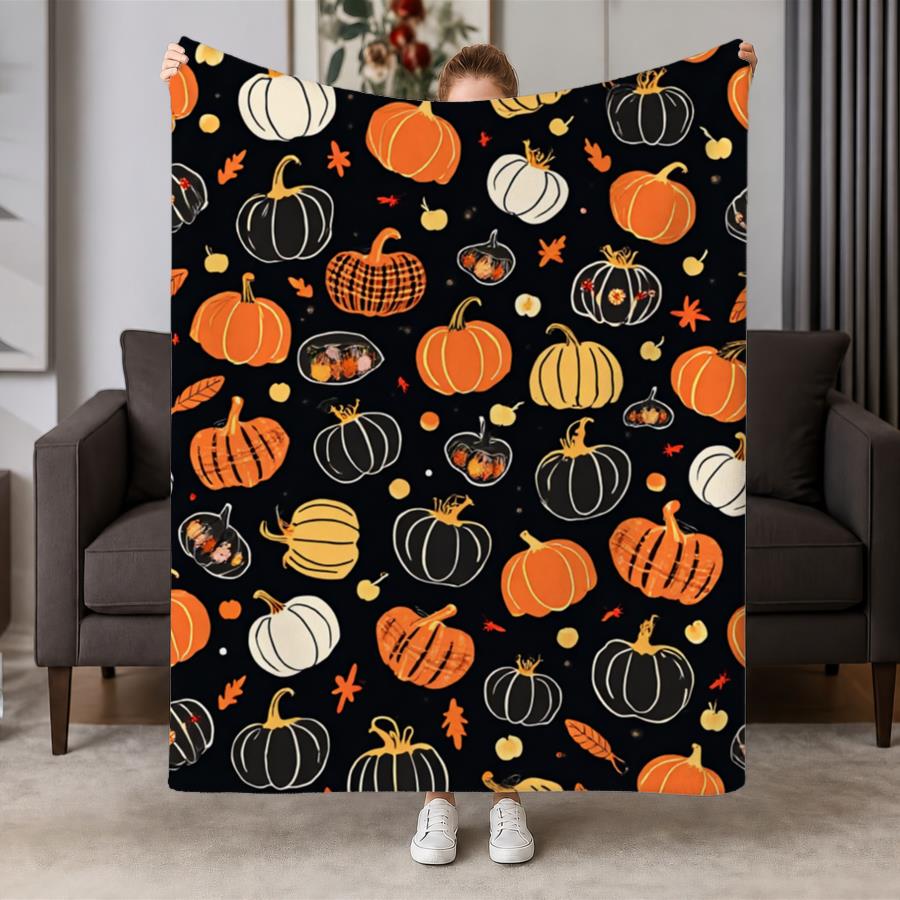 Cozy Autumn Pumpkin Plaid Flannel Throw Blanket - Soft Warm Weighted Spread Suitable for Couch And Travel, Hand-Drawn Orange & Black Plaid Pattern, Ma