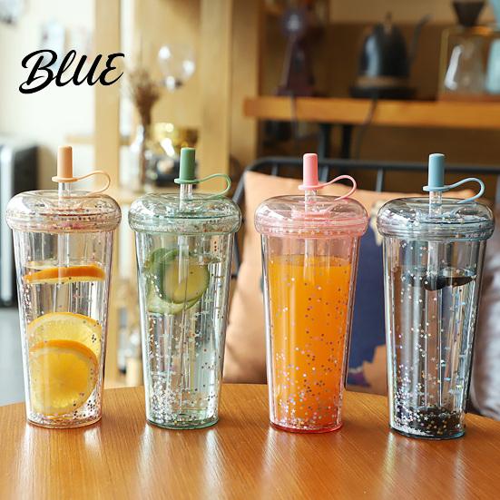 Outdoor Outing Water Container Transparent Straw Cup with Sequins Decor And Leak Proof Reusable Bubble Tea Cup Lid Plastic Sippy for Students Teens