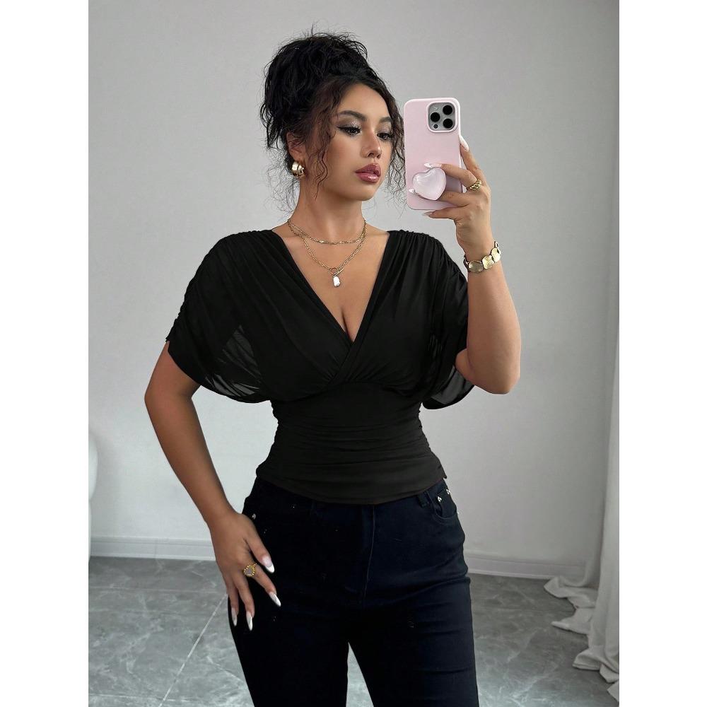 Fashionable and Stylish Lady's Pure Color Deep V-neck Short Puff Sleeves Fitted Waist Blouse