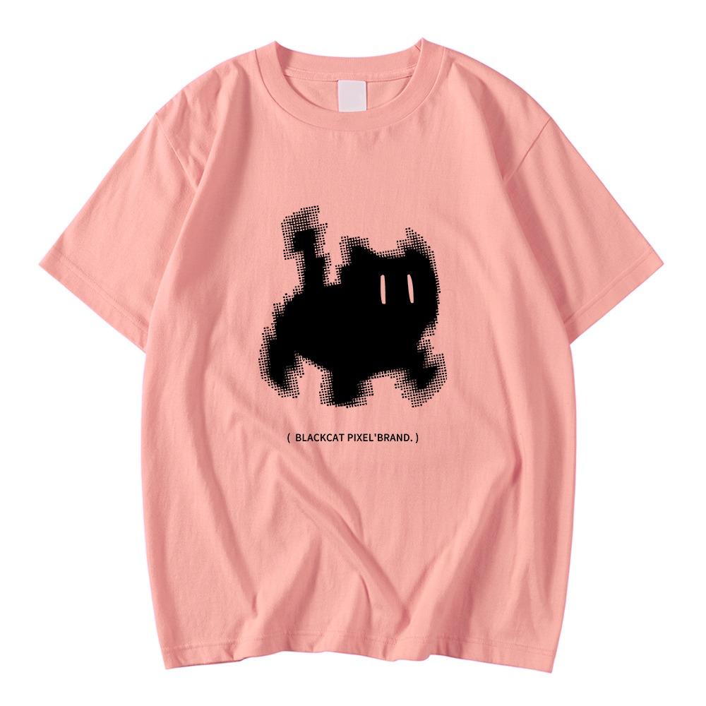 Koreanische Mode Damen T-Shirts Schwarze Katze Pixel Cartoons Druck Tops Bequem Weich O-Ausschnitt Locker Kurzarm Damenkleidung
