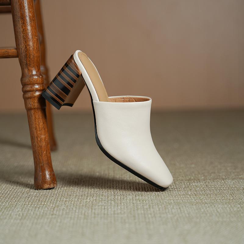 Fashion 2025 New Genuine Leather Fashion Shoes Women High Heels Square Toe Mules Slippers Ladies Office Dress Shoes Sandales Pumps