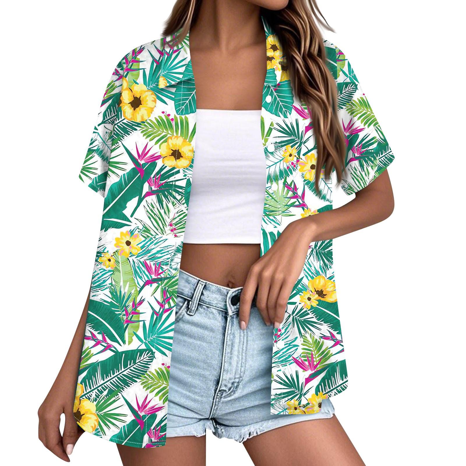 

Женская модная повседневная гавайская блузка с коротким рукавом и лацканами на пуговицах M зелёный