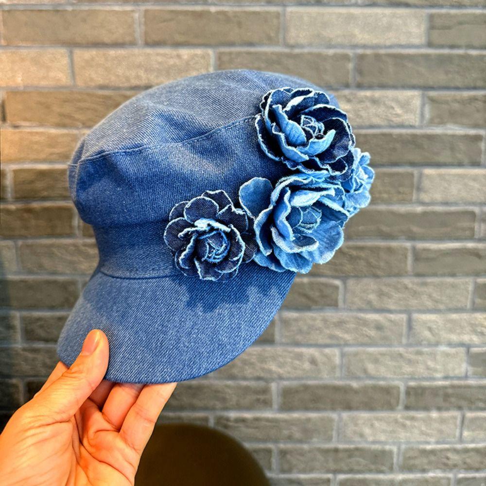 Adjustable Denim Camellia Beret Hat Artistic Painter Caps Vintage Flower Flat Top Hat  Lady