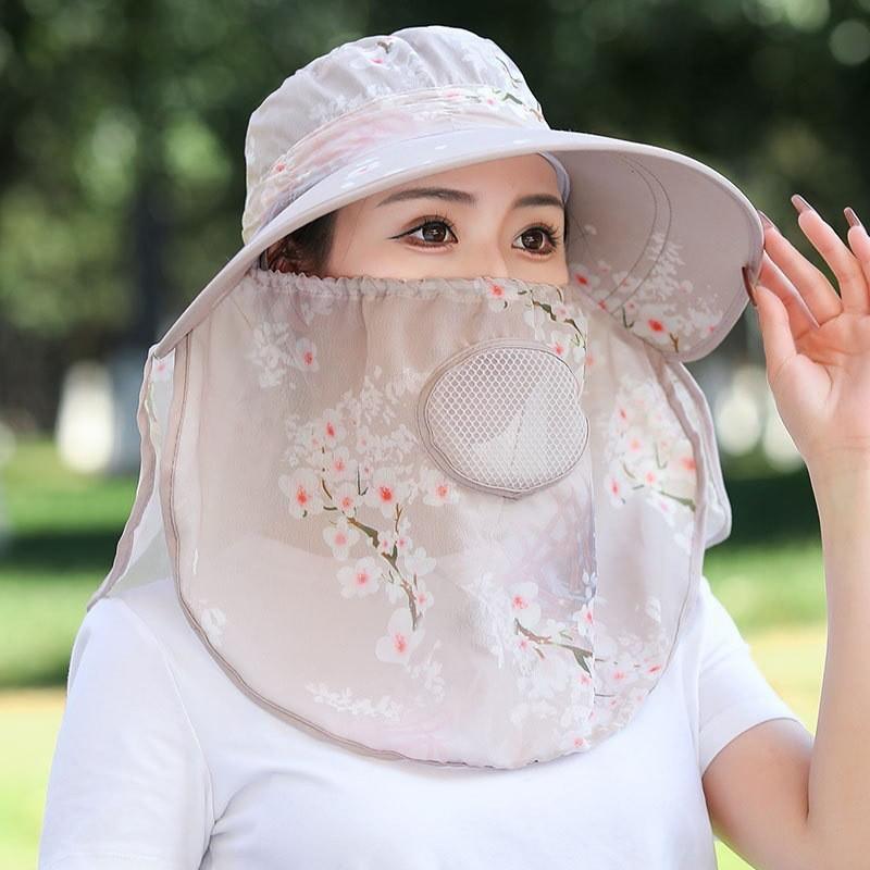 Polyester Chiffon Sun Hat With Face Mask And Neck Cover For Outdoor Gardening Sun Protection