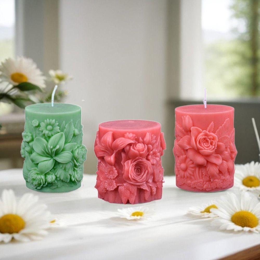 Flower Relief Flowers Cylinder Candle Mold Rose Resin Mold Cylindrical Candle Mould  Candle Making