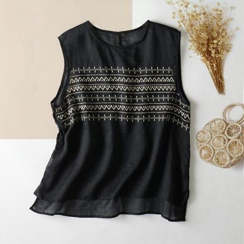 Womens Linen Cotton Embroidered Blouse Casual Sleeveless Geometric Print Tank Top