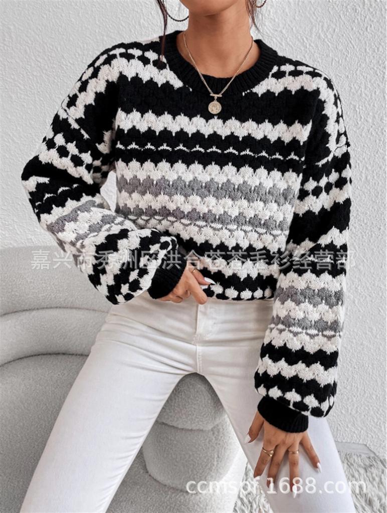 Autumn/winter new cross-border black-and-white striped color-block knit sweater, loose versatile pullover, mid-length lazy sweater for women