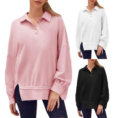 Womens  Oversized Loose  Sleeve Button Collar Pullover Sweatshirts Tops