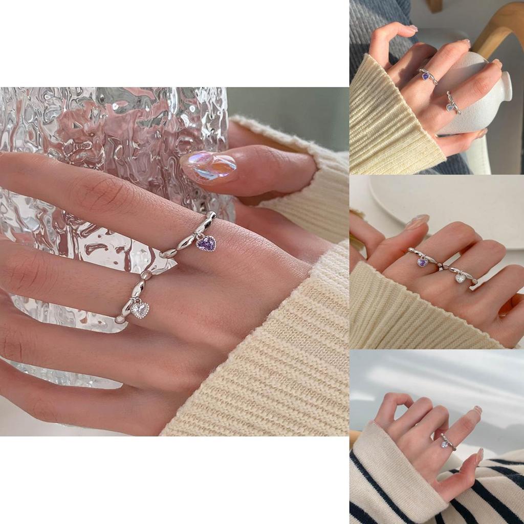 Adorable Heart Shaped Purple Diamond Chain Ring Stunning Geometric Design Women For