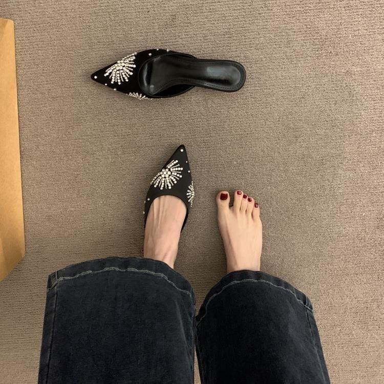 

Полутапочки с грубым каблуком и французским носком для женщин для ношения с уличной обувью. Весна и Осень 2025 Новые Коричневые Туфли-лодочки с Острым Носком и Стразами 41 чёрный