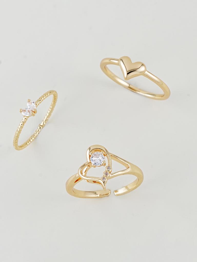 3pcs Set Cubic Zirconia Inlaid Heart Shaped Rings, Suitable For Women's Daily, Party, Date Wear, Stackable, Perfect Gift
