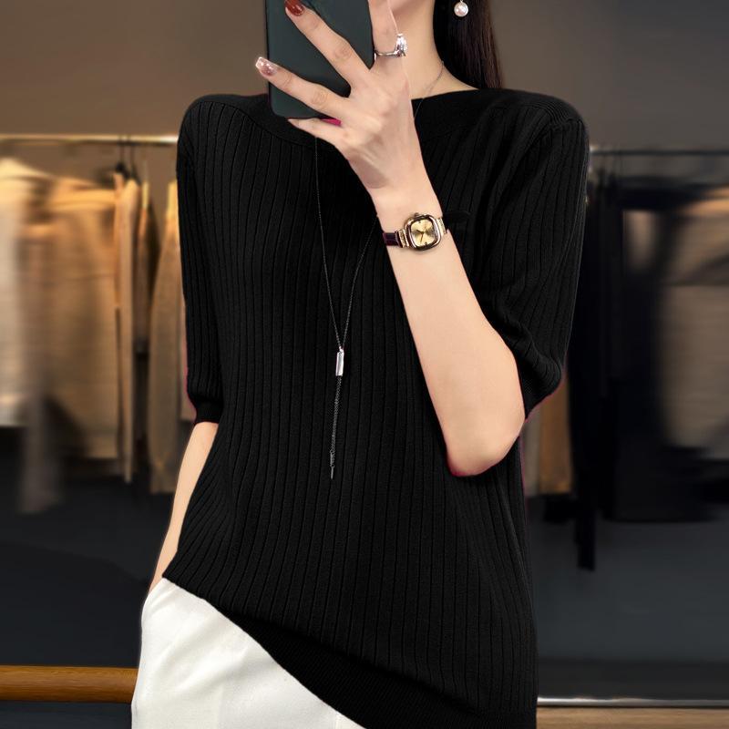 Five Quarter Sleeve Knitted Sweater for Women Solid Color Loose Sweater Casual Base Shirt French Style Mid Sleeve Sweater for Autumn