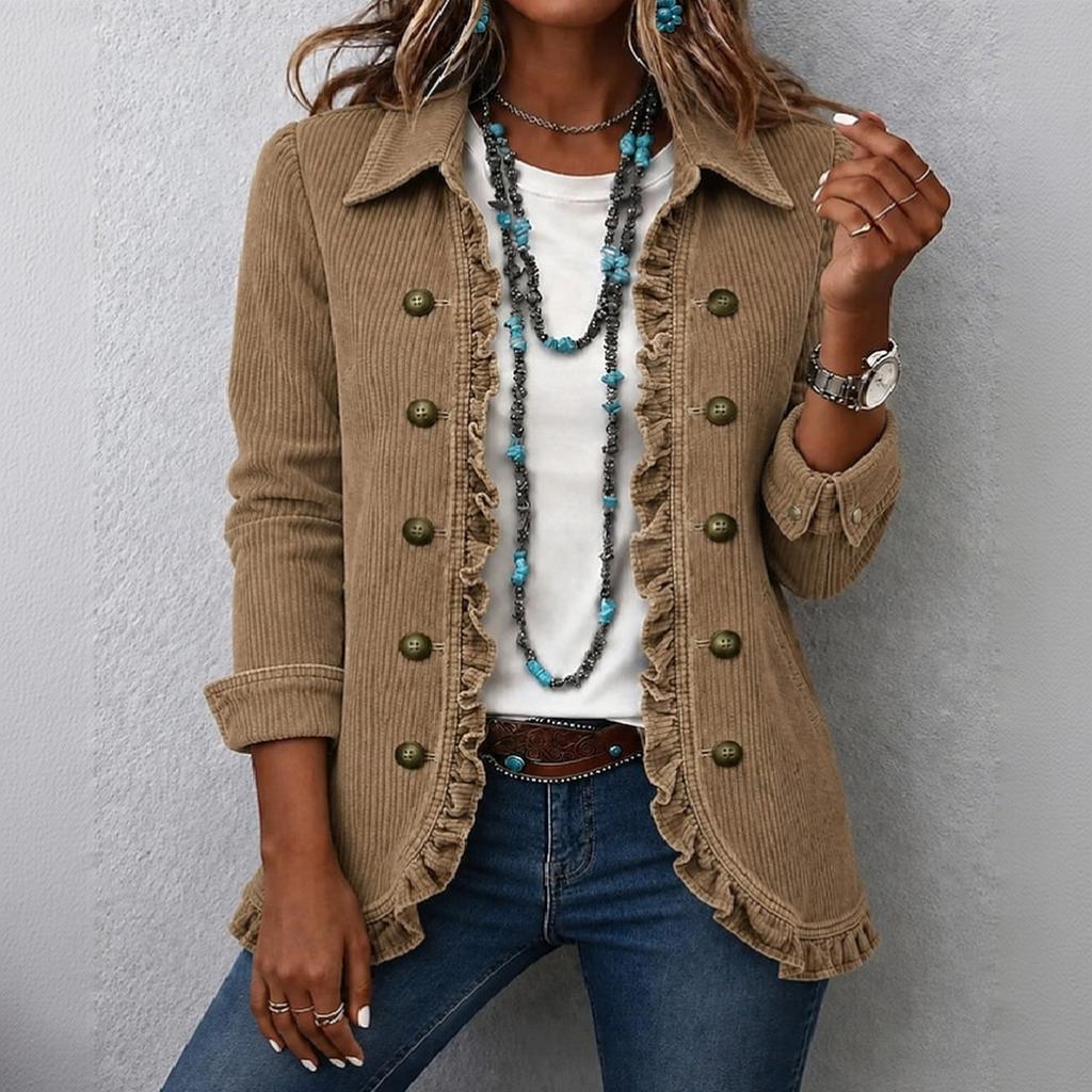 Damen Kord Kürzjacke mit Rüschensaum, Reverskragen und doppelreihigem Design