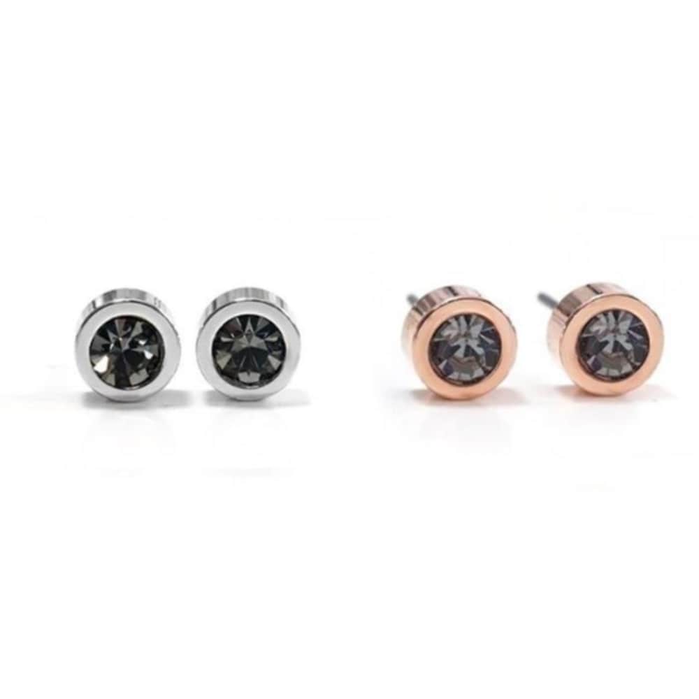 Women's Round Petite Silver-Black Crystal Earrings (15956969)