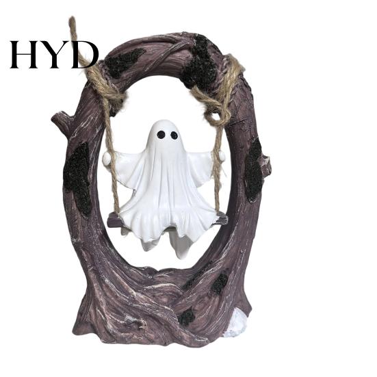 Handmade Resin Ghost Statue On Tree Swing Halloween Decor, Spooky Figurine with Vintage Detailed Sculpture for Office Base, Festive Party Tabletop