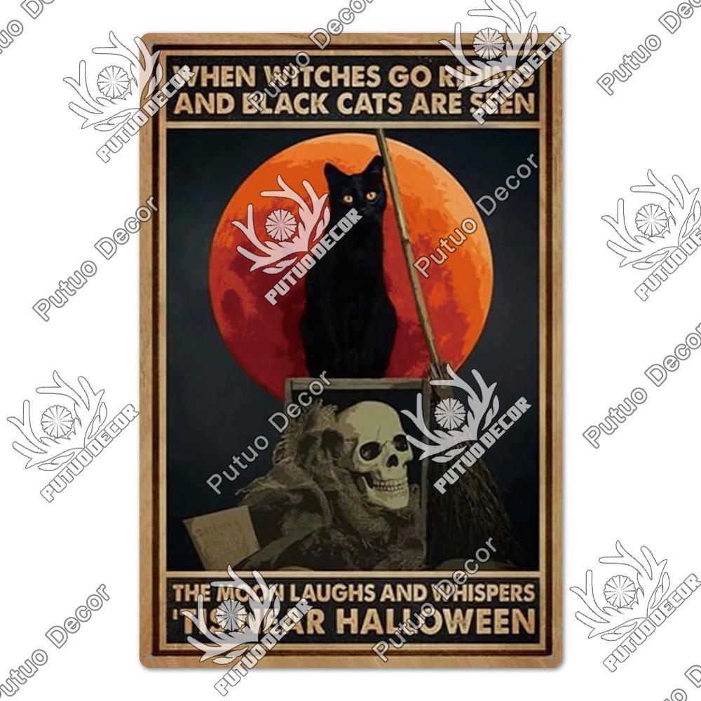 Putuo Decor Halloween Schwarze Katze Vintage Metallschild Plakette Metall Vintage Blechschild für Wohnzimmer Tür Tierhandlung Wanddekoration