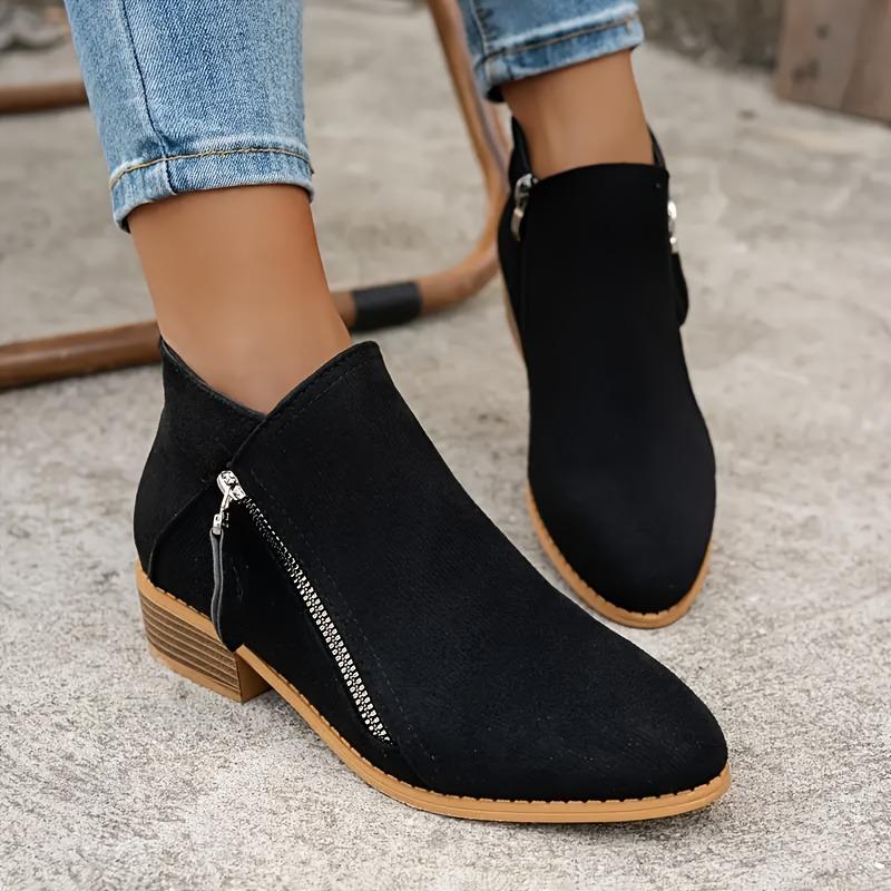 Ladies' Retro Solid Color Ankle Boots -1.57-inch Thick Heel Ankle Boots - Comfortable All Season Thick Bottom Side Zipper Pointed Boots