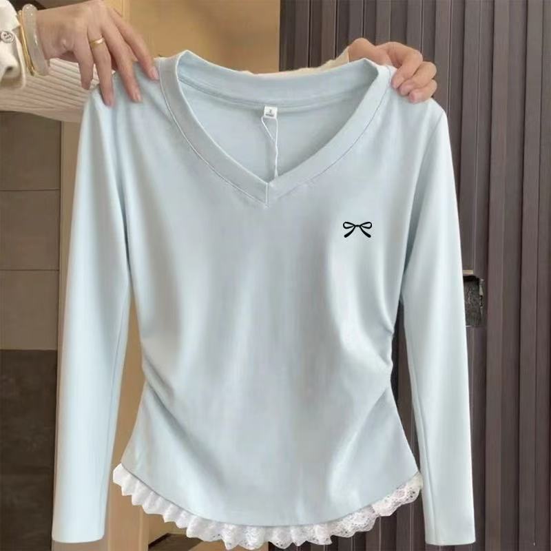 Süßes Würziges Milchblaues Langarm-T-Shirt für Damen Frühling Herbst Neu Taillenbetont Schickes Oberteil