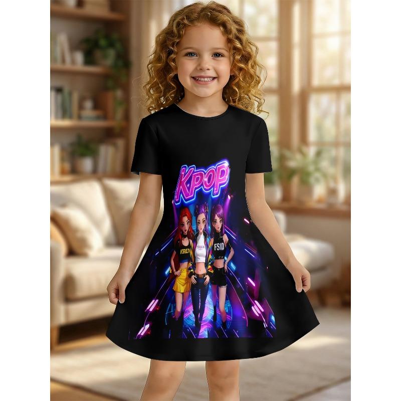 Girl K-POP Idol Group Printed T-shirt Dress, K-POP Fan Children's Black Neon Casual Dress Suitable for Birthday Gifts
