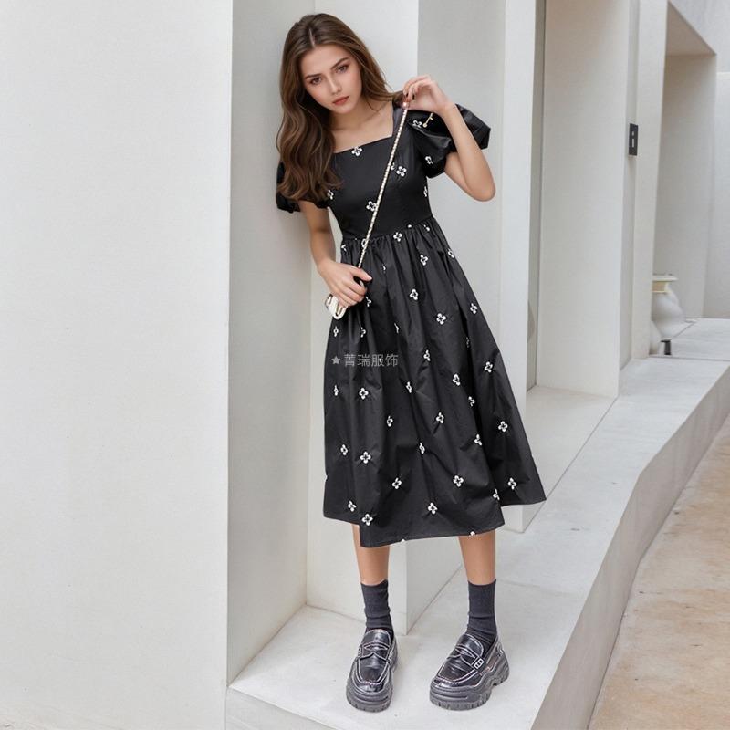 Women's Summer Temperament Square Neck Bubble Sleeve Printed Waist Slim Little Black Dress A-line Dresses