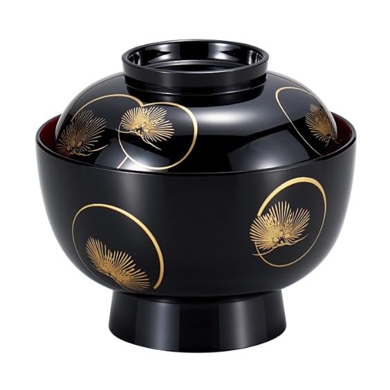 

Maeju Lacquerware 4.5cm Zoni Bowl, Halo Pine Design, Black with Red Interior, 3T-418