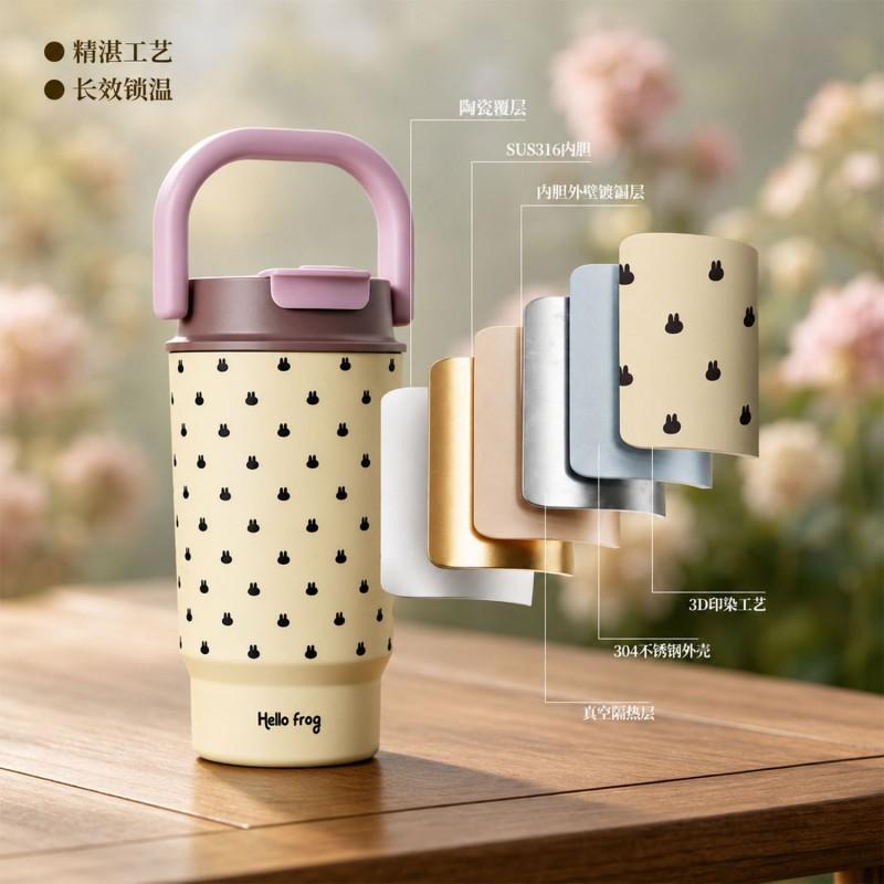 Large Capacity Insulated Travel Mug With Straw Lid Ceramic Inner Liner Women Portable Coffee Cup 480ml