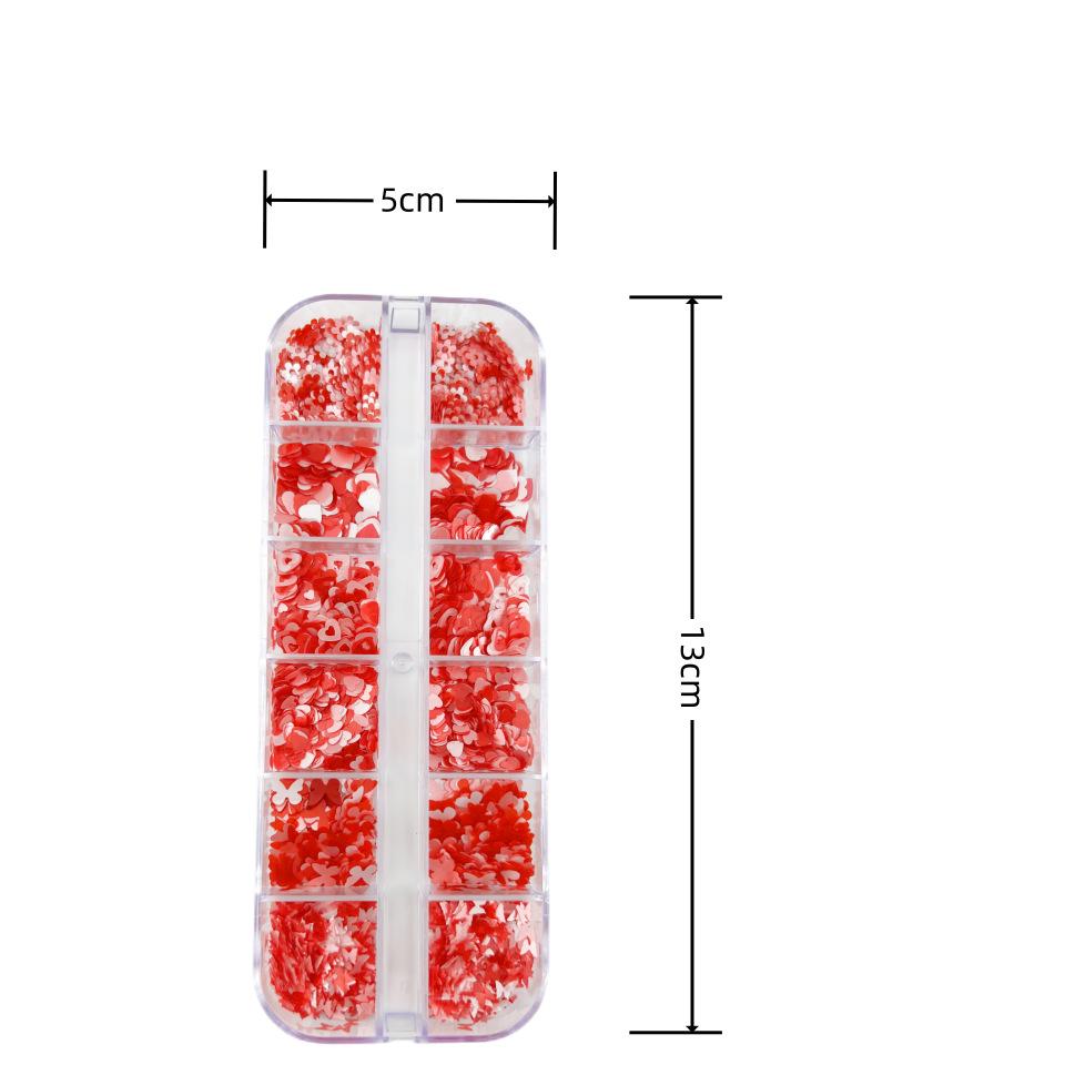 12-Grid Valentine's Day Nail Art Box: Pink Butterfly, Flower, Heart, and Mixed Sequins in Pink, White, and Red.