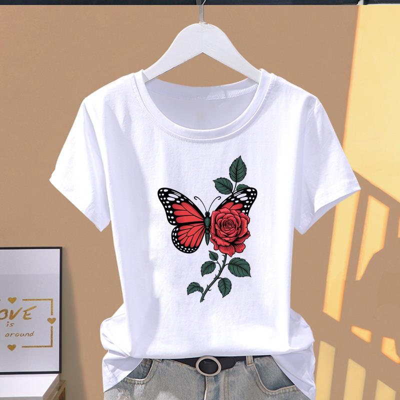 (Asian Size) Short Sleeve T-shirts Women's Top T Clothing Print butterfly style 90s Fashion Female Casual O-neck Graphic Tee